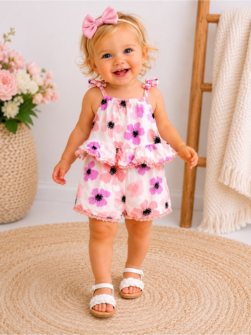 Jessica Simpson Floral Romper Pink Tie Strap Baby Outfit Summer | Size 12M